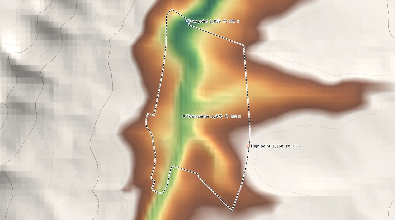 Topographic elevation map of Royer, Pennsylvania, shaded from 1,050 ft on the north side to 1,150 ft on the southeast edge, below higher ground just outside