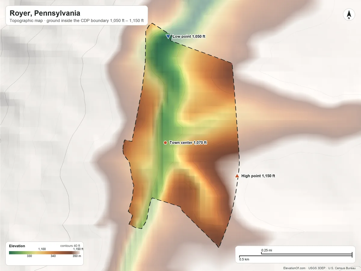 Topographic elevation map of Royer, Pennsylvania, shaded from 1,050 ft on the north side to 1,150 ft on the southeast edge, below higher ground just outside