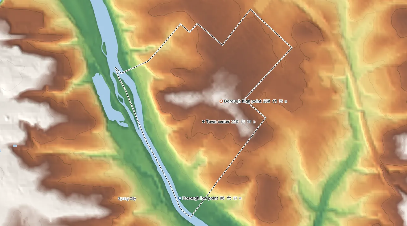 Topographic elevation map of Royersford, Pennsylvania, shaded from 90 ft on the south side to 250 ft near the middle