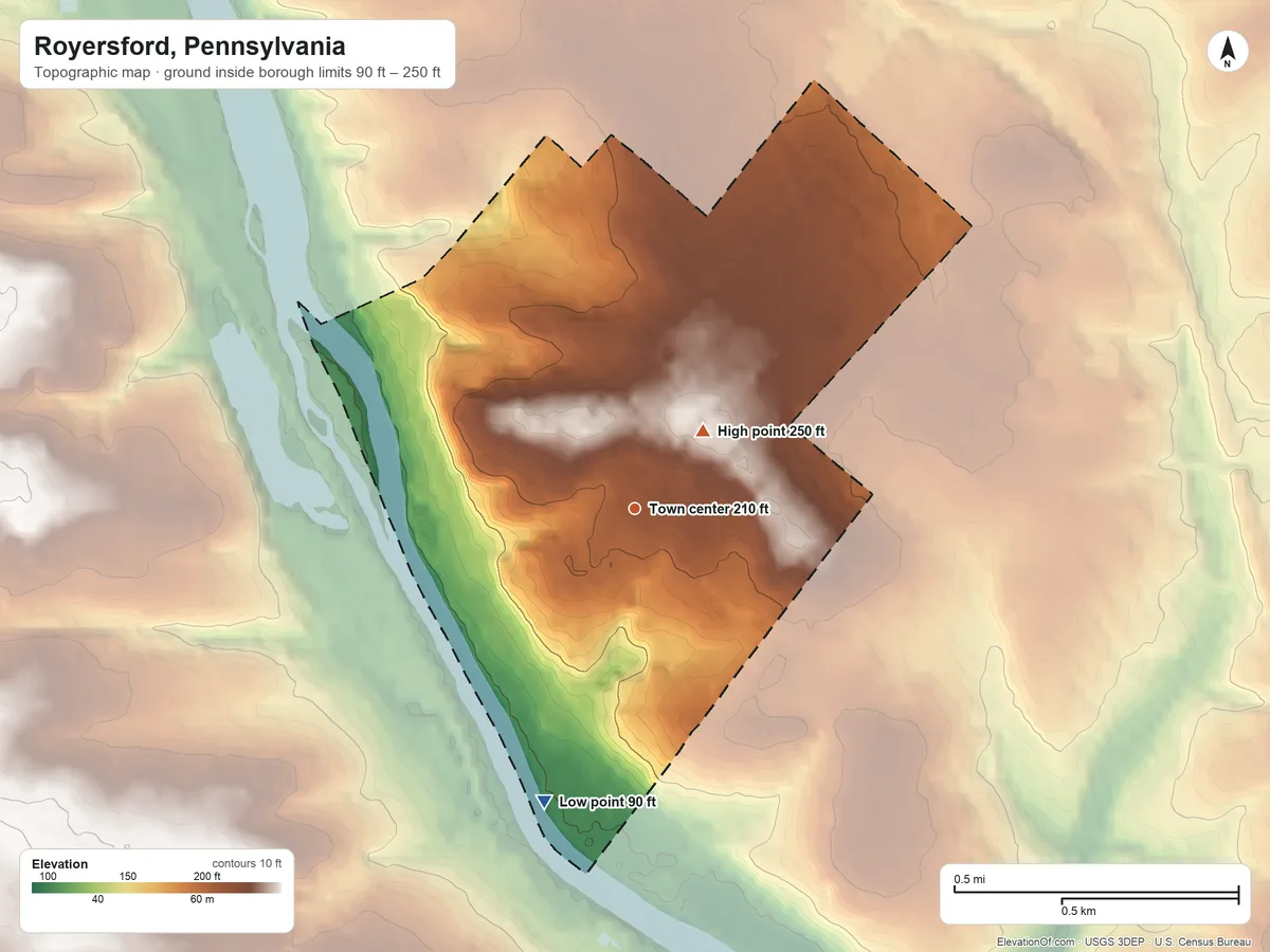 Topographic elevation map of Royersford, Pennsylvania, shaded from 90 ft on the south side to 250 ft near the middle