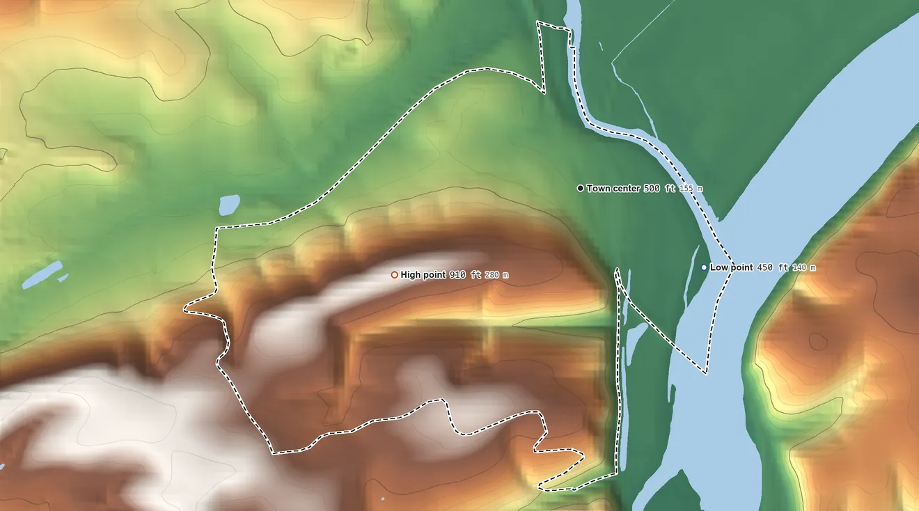 Topographic elevation map of Rupert, Pennsylvania, shaded from 450 ft on the southeast side to 910 ft on the southwest side