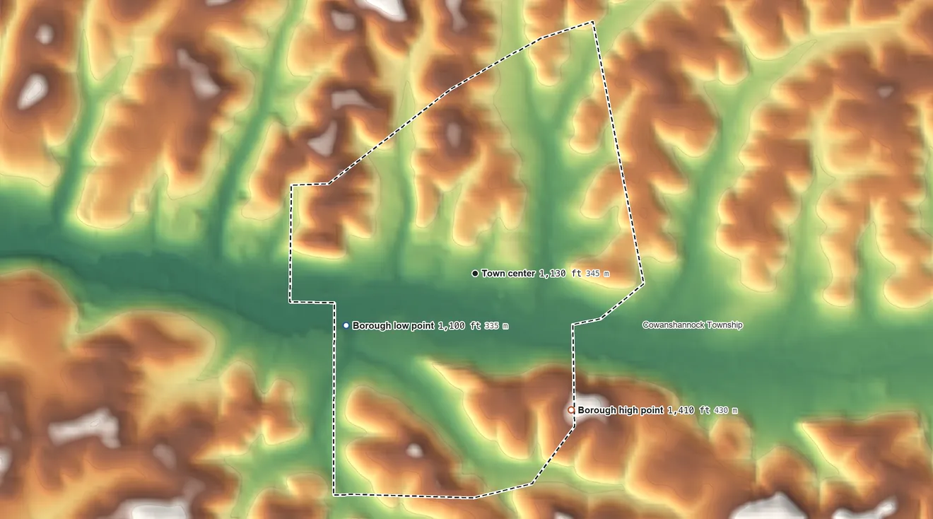 Topographic elevation map of Rural Valley, Pennsylvania, shaded from 1,100 ft on the west side to 1,410 ft on the southeast side