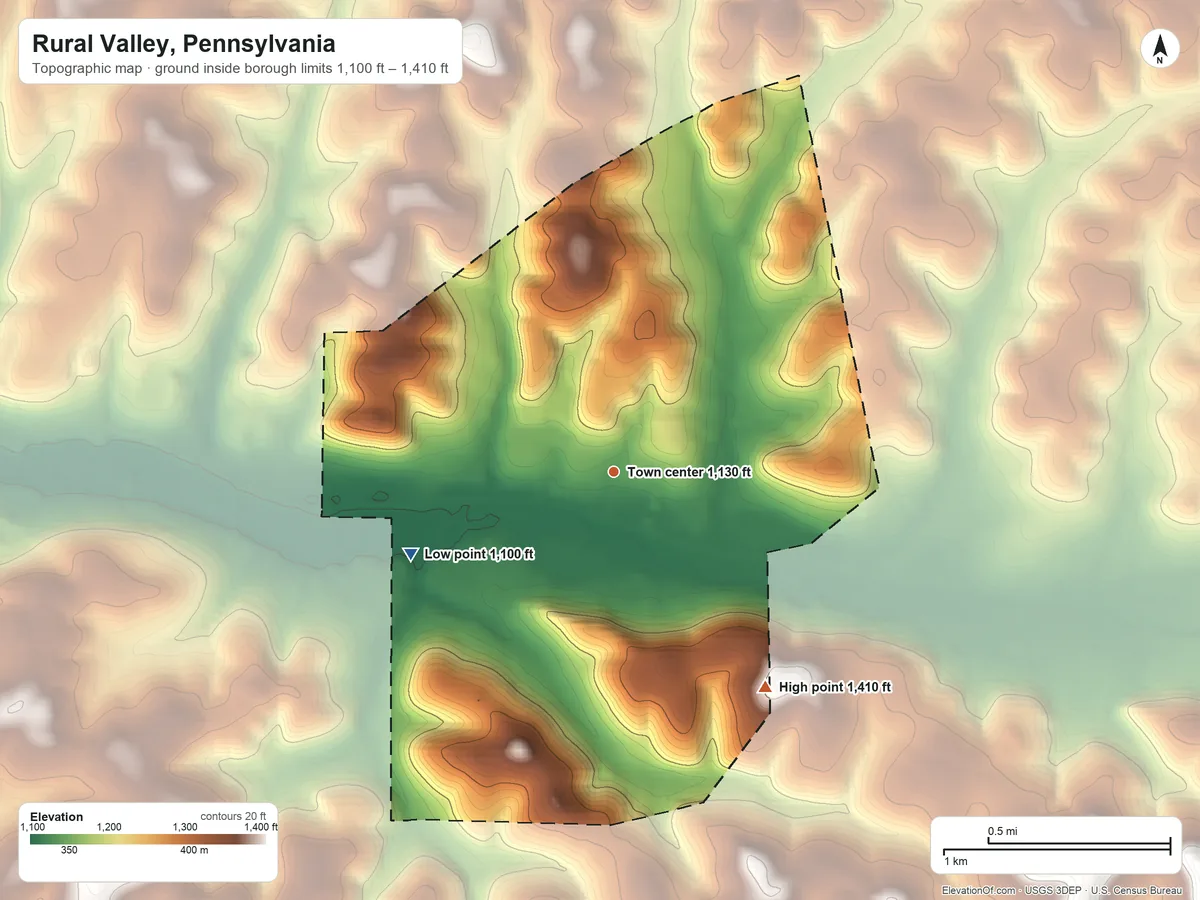 Topographic elevation map of Rural Valley, Pennsylvania, shaded from 1,100 ft on the west side to 1,410 ft on the southeast side