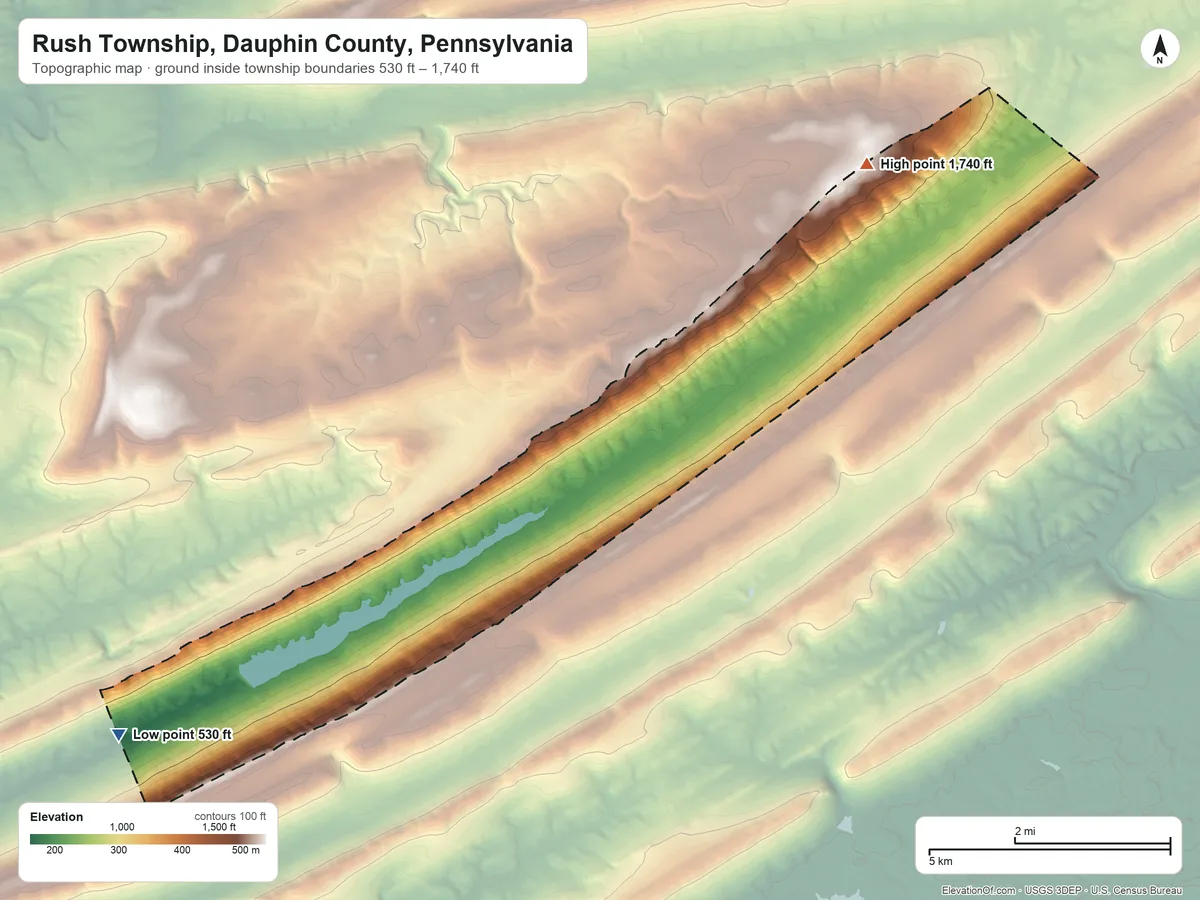 Topographic elevation map of Rush Township, Dauphin County, Pennsylvania, shaded from 530 ft on the southwest side to 1,740 ft on the northeast side