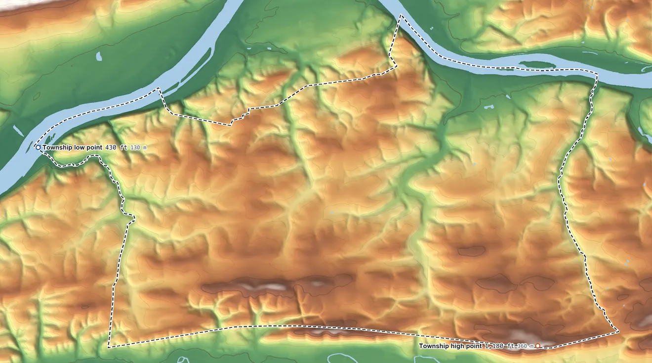 Topographic elevation map of Rush Township, Northumberland County, Pennsylvania, shaded from 430 ft on the west side to 1,180 ft on Shamokin Hill