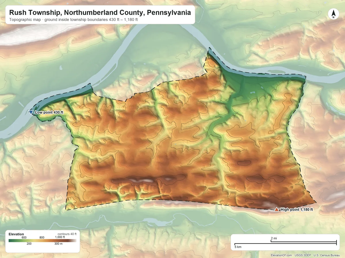 Topographic elevation map of Rush Township, Northumberland County, Pennsylvania, shaded from 430 ft on the west side to 1,180 ft on Shamokin Hill