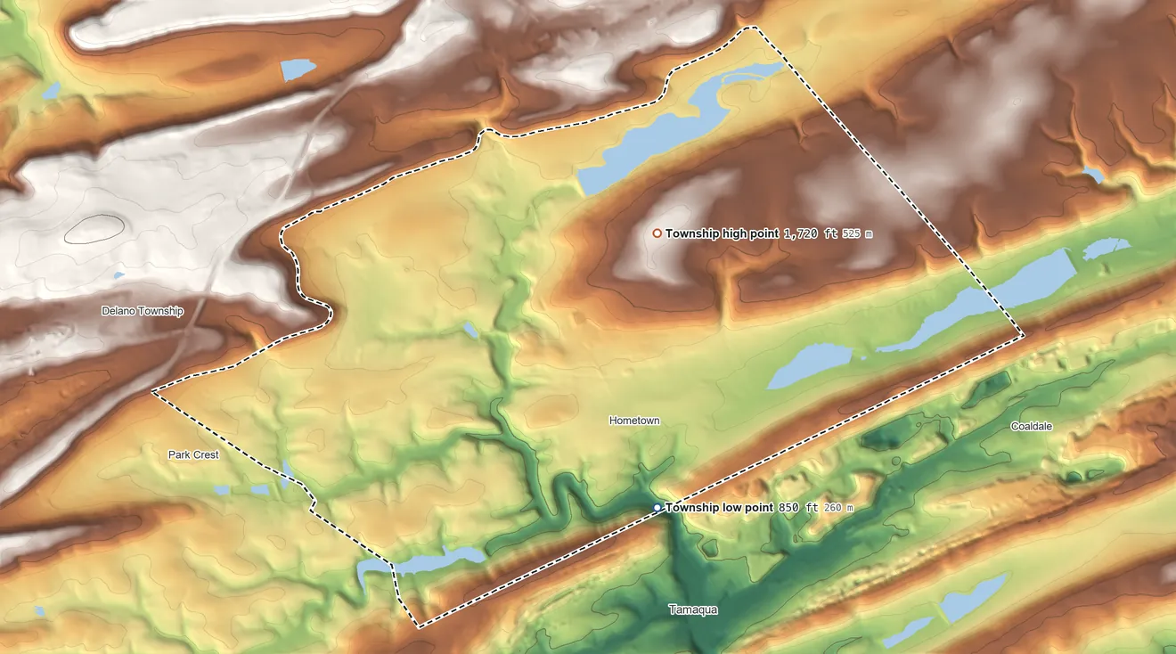 Topographic elevation map of Rush Township, Schuylkill County, Pennsylvania, shaded from 850 ft on the southeast side to 1,720 ft on the northeast side