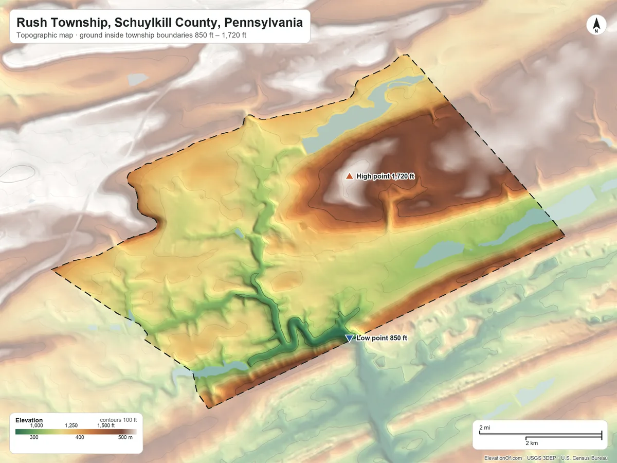 Topographic elevation map of Rush Township, Schuylkill County, Pennsylvania, shaded from 850 ft on the southeast side to 1,720 ft on the northeast side