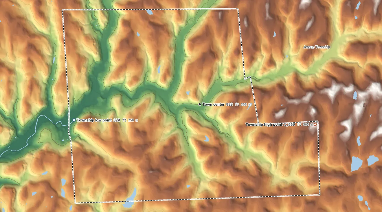 Topographic elevation map of Rush Township, Susquehanna County, Pennsylvania, shaded from 820 ft on the west side to 1,660 ft on the east side