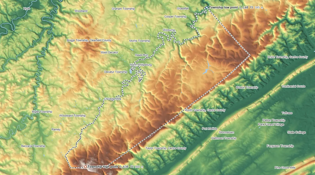 Topographic elevation map of Rush Township, Pennsylvania, shaded from 1,140 ft on the northeast side to 2,630 ft on the southwest side