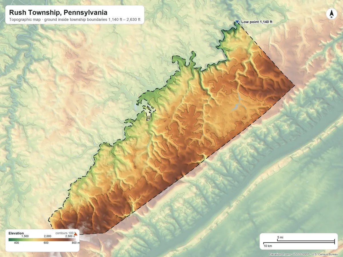 Topographic elevation map of Rush Township, Pennsylvania, shaded from 1,140 ft on the northeast side to 2,630 ft on the southwest side
