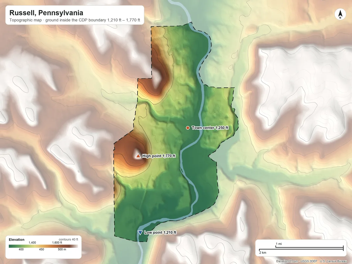 Topographic elevation map of Russell, Pennsylvania, shaded from 1,210 ft on the southwest side to 1,770 ft on the southwest side