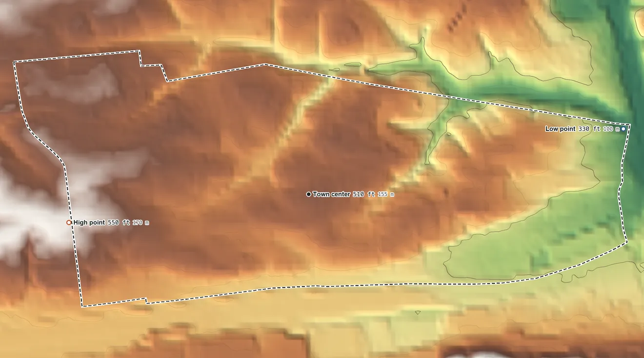 Topographic elevation map of Rutherford, Pennsylvania, shaded from 330 ft on the east side to 550 ft on the west side