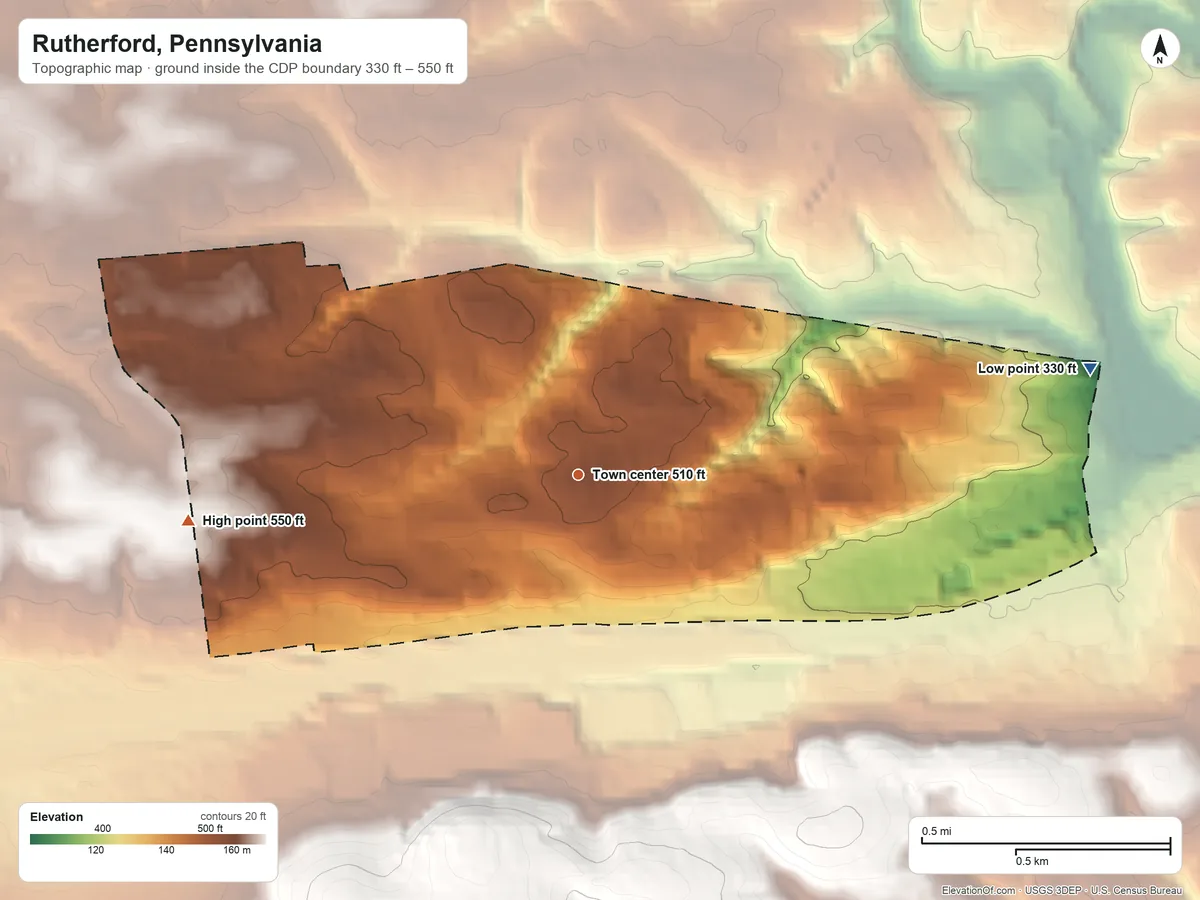 Topographic elevation map of Rutherford, Pennsylvania, shaded from 330 ft on the east side to 550 ft on the west side
