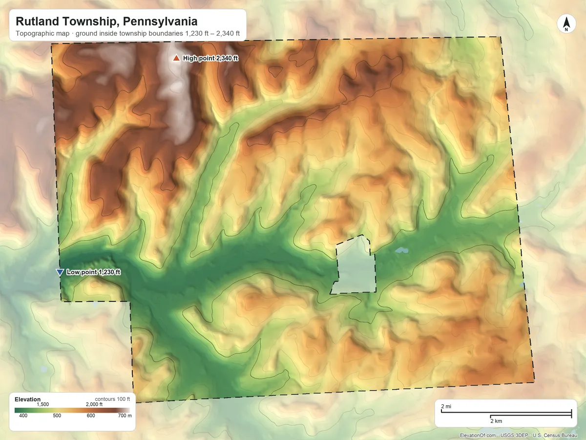 Topographic elevation map of Rutland Township, Pennsylvania, shaded from 1,230 ft on the west side to 2,340 ft on Tower Hill