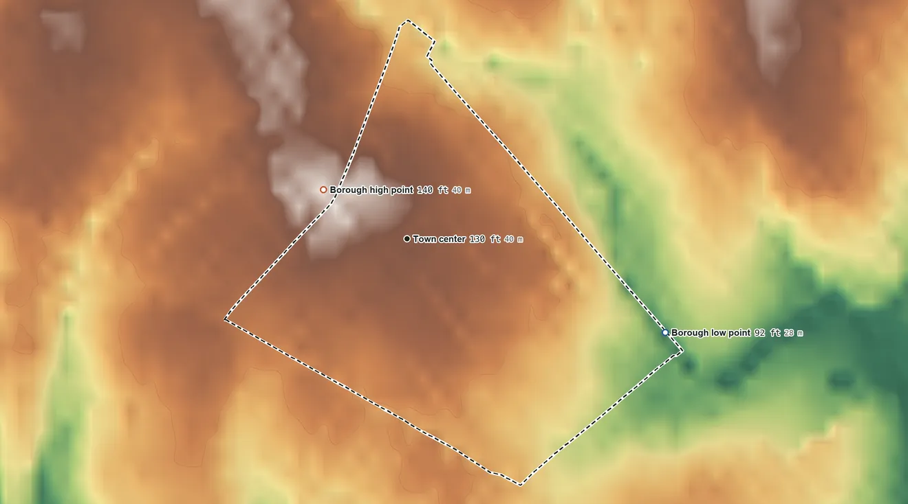 Topographic elevation map of Rutledge, Pennsylvania, shaded from 92 ft on the east side to 140 ft on the northwest side