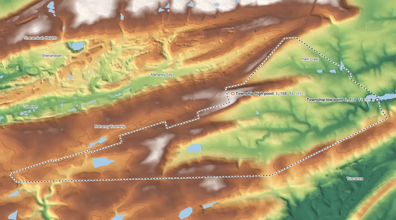 Topographic elevation map of Ryan Township, Pennsylvania, shaded from 1,010 ft on the east side to 1,780 ft on the northeast side