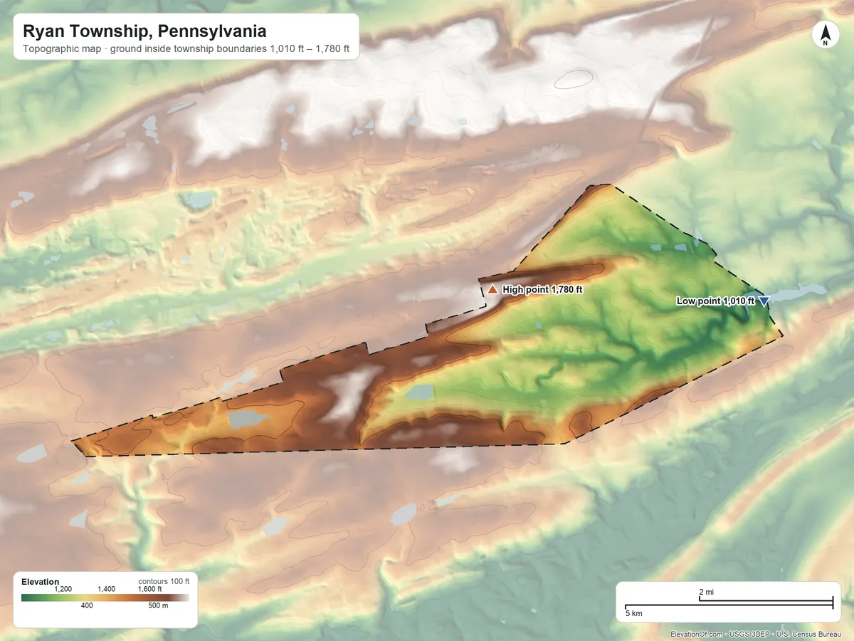 Topographic elevation map of Ryan Township, Pennsylvania, shaded from 1,010 ft on the east side to 1,780 ft on the northeast side