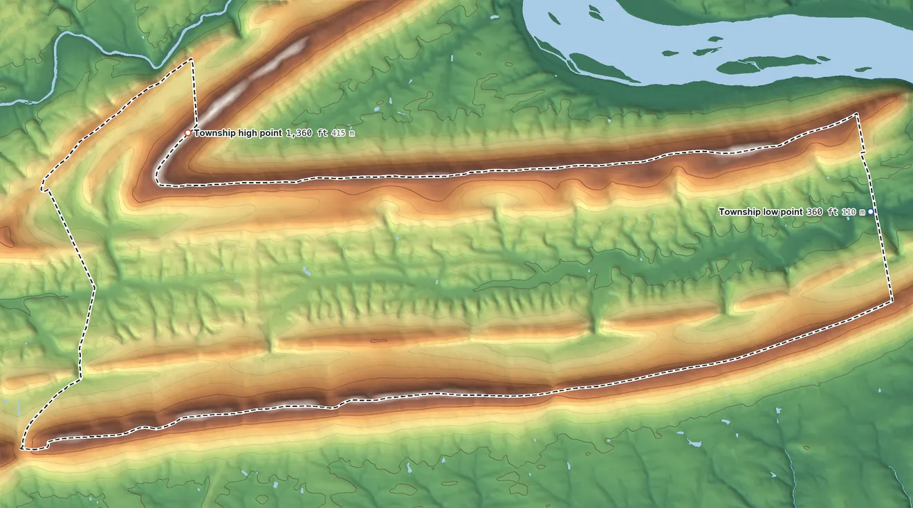 Topographic elevation map of Rye Township, Pennsylvania, shaded from 360 ft on the east side to 1,360 ft on the west side