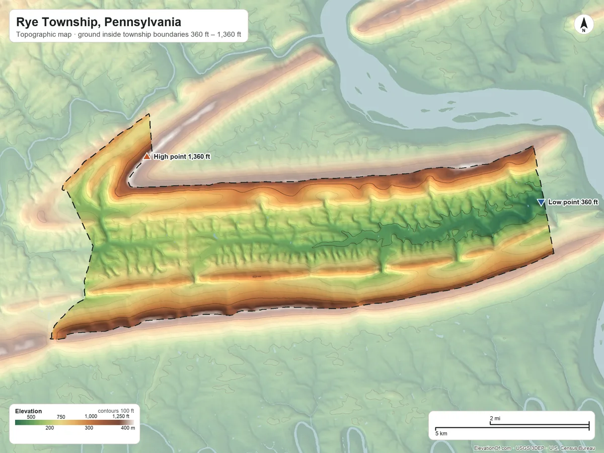 Topographic elevation map of Rye Township, Pennsylvania, shaded from 360 ft on the east side to 1,360 ft on the west side
