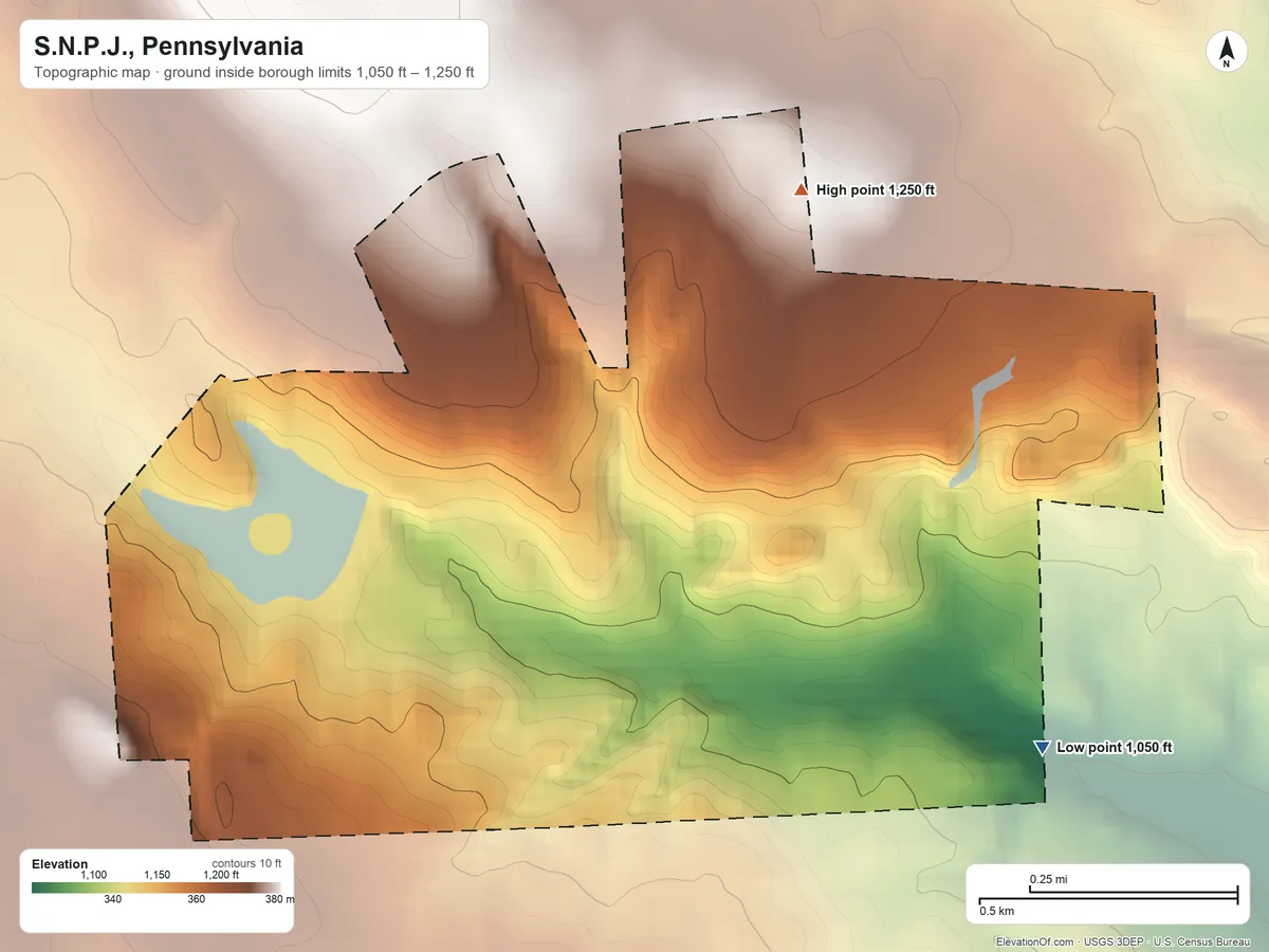 Topographic elevation map of S.N.P.J., Pennsylvania, shaded from 1,050 ft on the southeast side to 1,250 ft on the northeast side