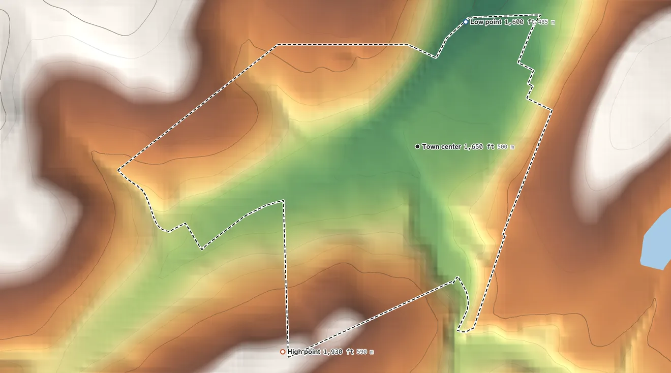 Topographic elevation map of Sabinsville, Pennsylvania, shaded from 1,600 ft on the north side to 1,930 ft on the southwest side