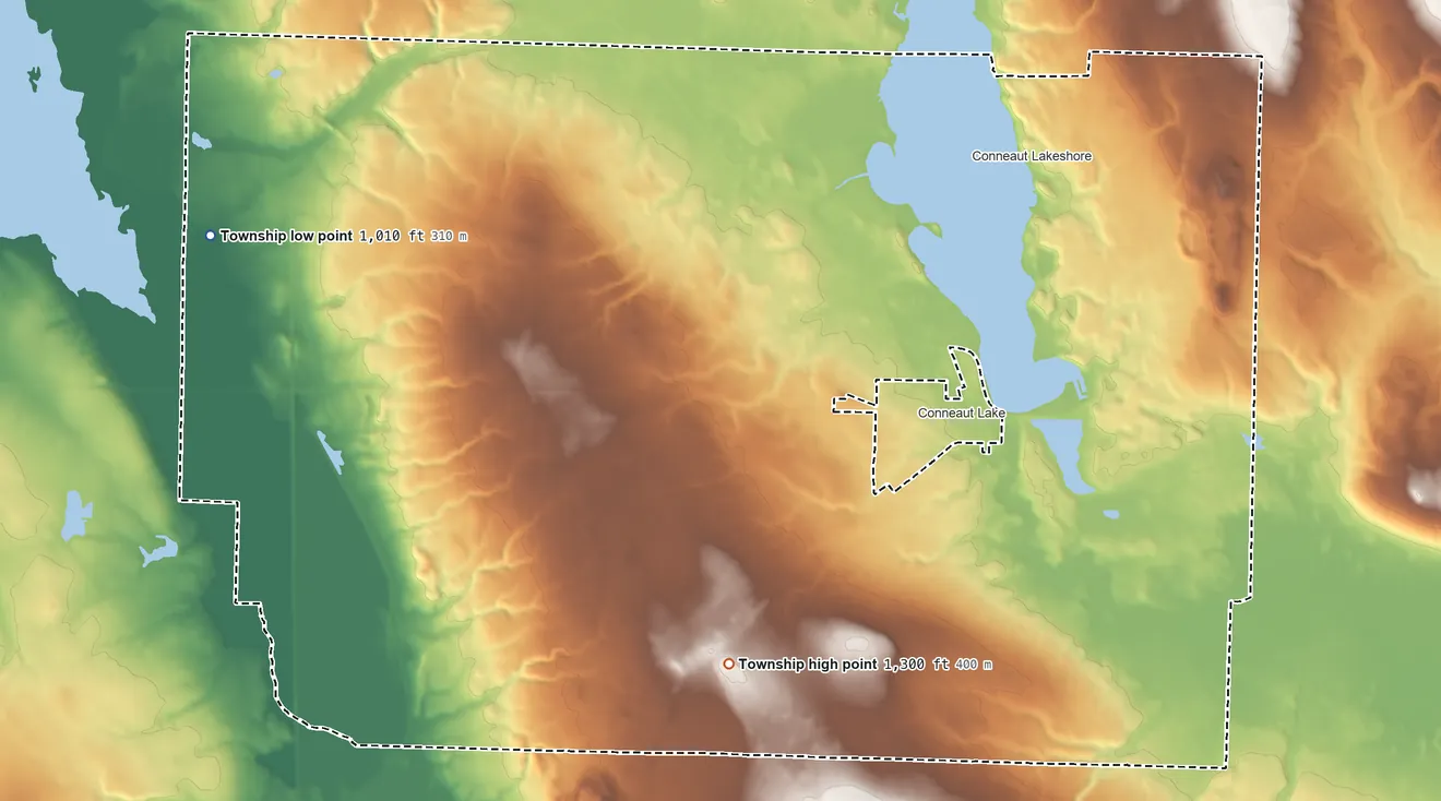 Topographic elevation map of Sadsbury Township, Crawford County, Pennsylvania, shaded from 1,010 ft on the west side to 1,300 ft on the south side