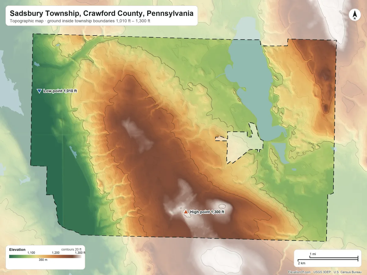 Topographic elevation map of Sadsbury Township, Crawford County, Pennsylvania, shaded from 1,010 ft on the west side to 1,300 ft on the south side