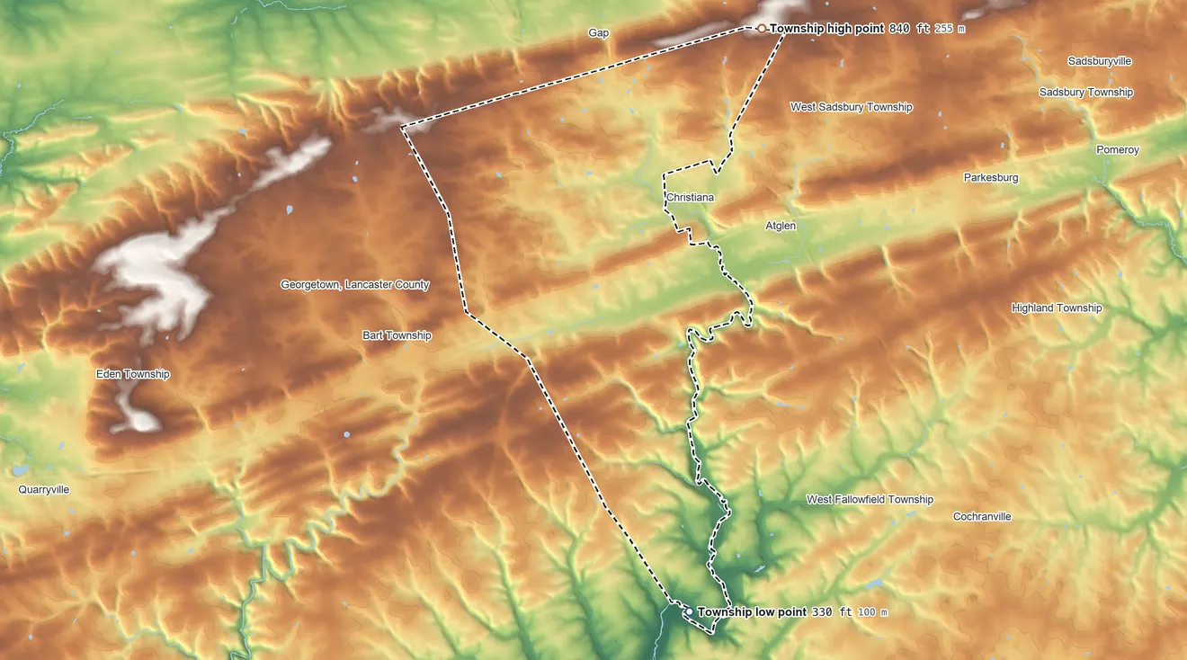 Topographic elevation map of Sadsbury Township, Lancaster County, Pennsylvania, shaded from 330 ft on the south side to 840 ft on the northeast side