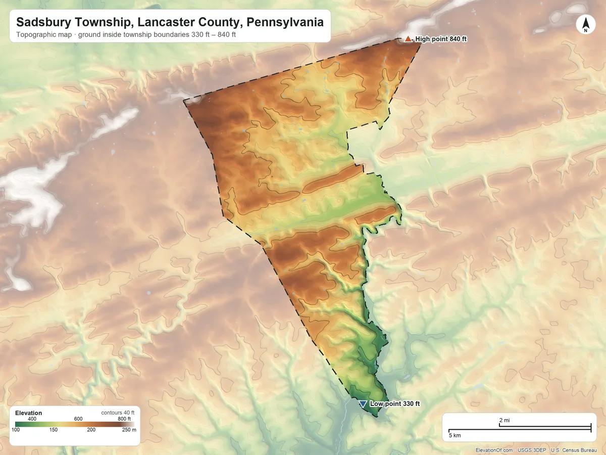 Topographic elevation map of Sadsbury Township, Lancaster County, Pennsylvania, shaded from 330 ft on the south side to 840 ft on the northeast side