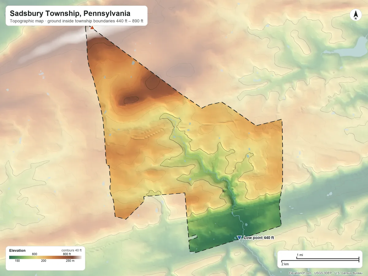 Topographic elevation map of Sadsbury Township, Pennsylvania, shaded from 440 ft on the south side to 890 ft on the northwest side
