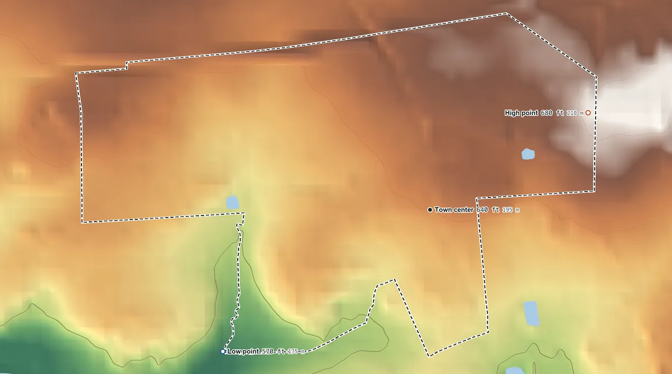 Topographic elevation map of Sadsburyville, Pennsylvania, shaded from 570 ft on the southwest side to 680 ft on the northeast side