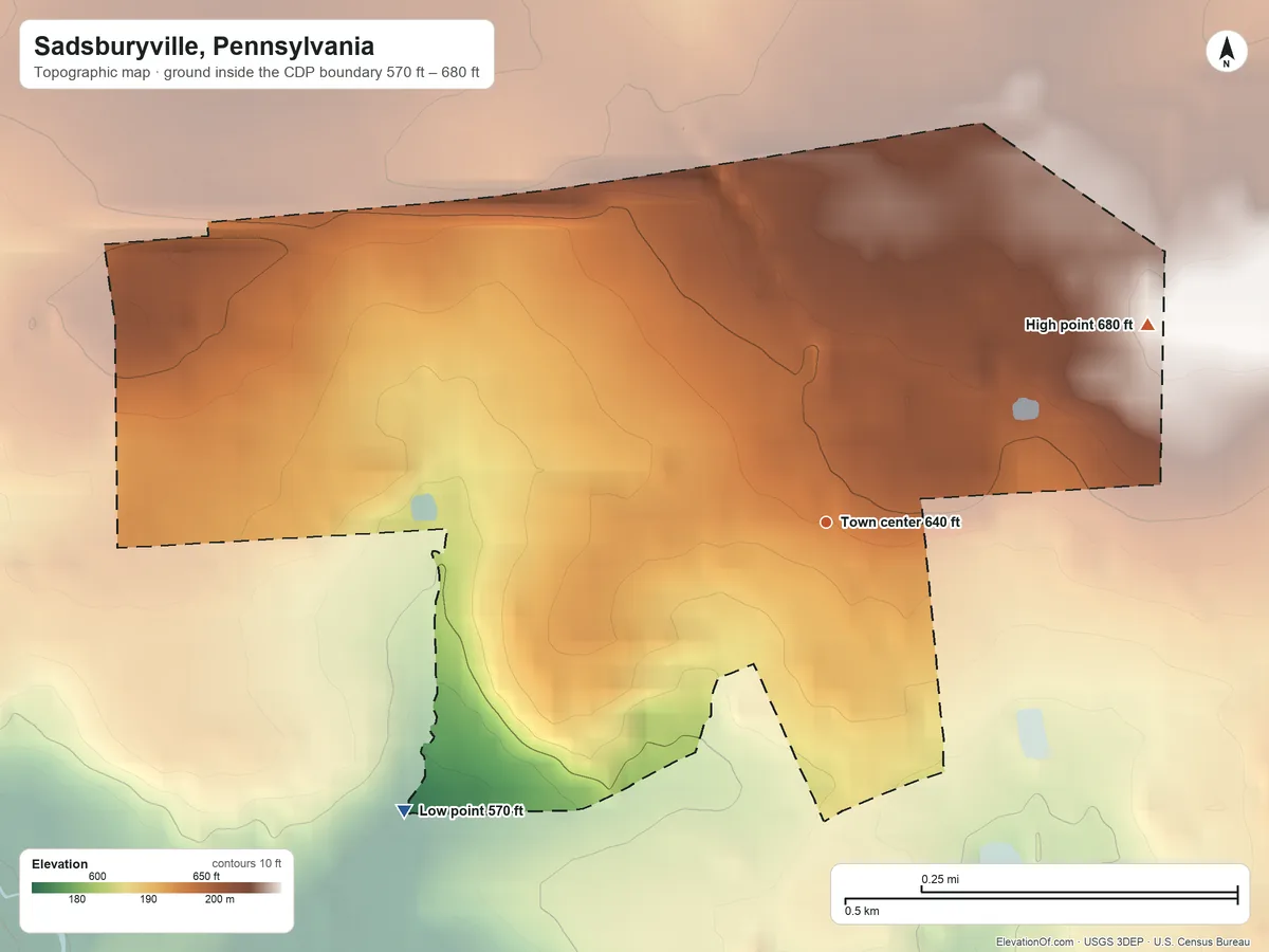 Topographic elevation map of Sadsburyville, Pennsylvania, shaded from 570 ft on the southwest side to 680 ft on the northeast side