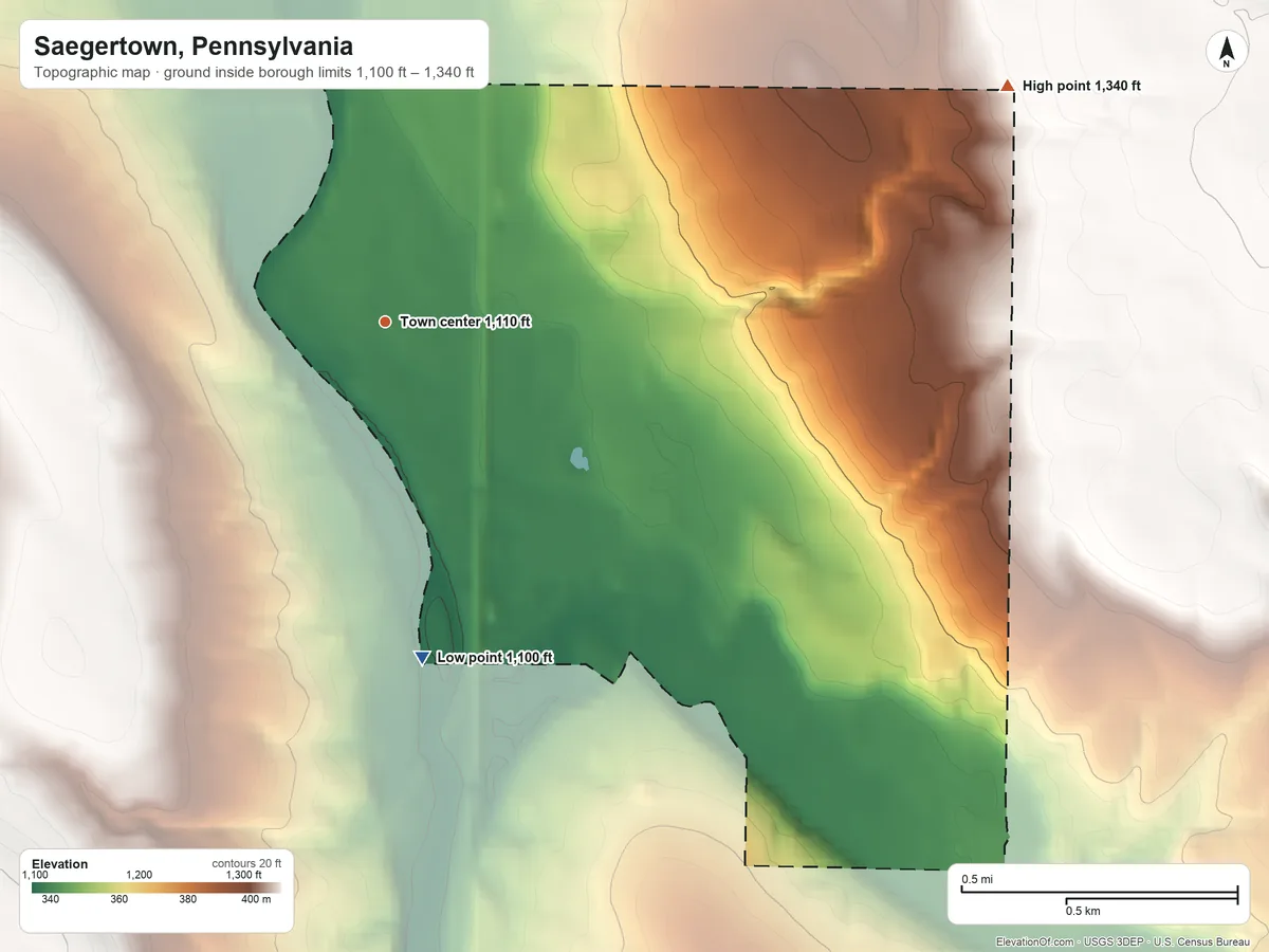 Topographic elevation map of Saegertown, Pennsylvania, shaded from 1,100 ft on the south side to 1,340 ft on the east side