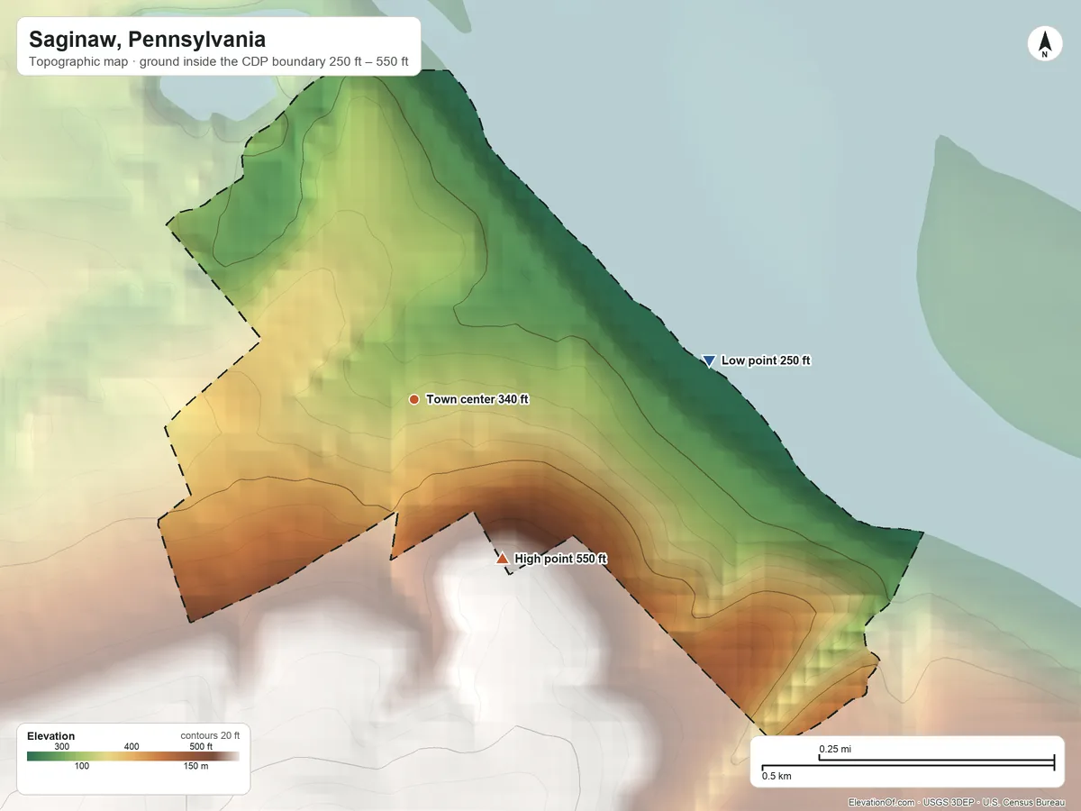 Topographic elevation map of Saginaw, Pennsylvania, shaded from 250 ft on the east side to 550 ft on the southeast side