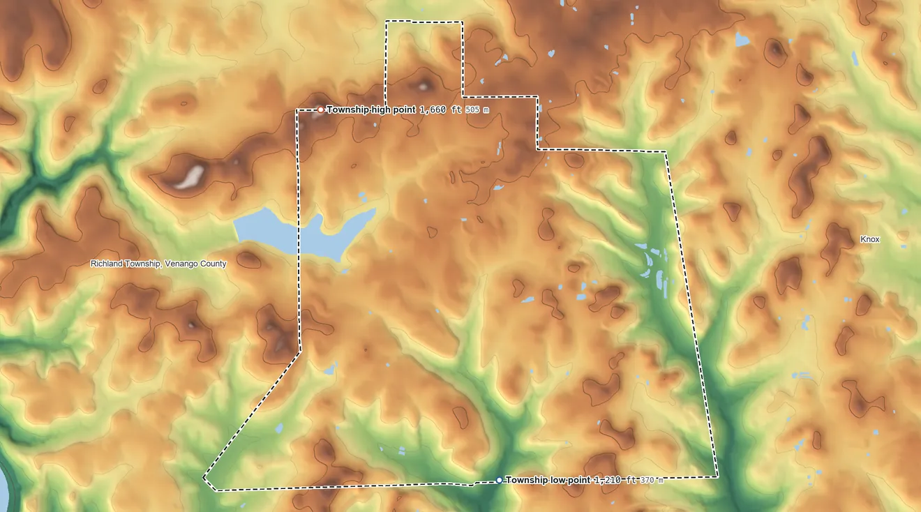 Topographic elevation map of Salem Township, Clarion County, Pennsylvania, shaded from 1,210 ft on the south side to 1,660 ft on the northwest side