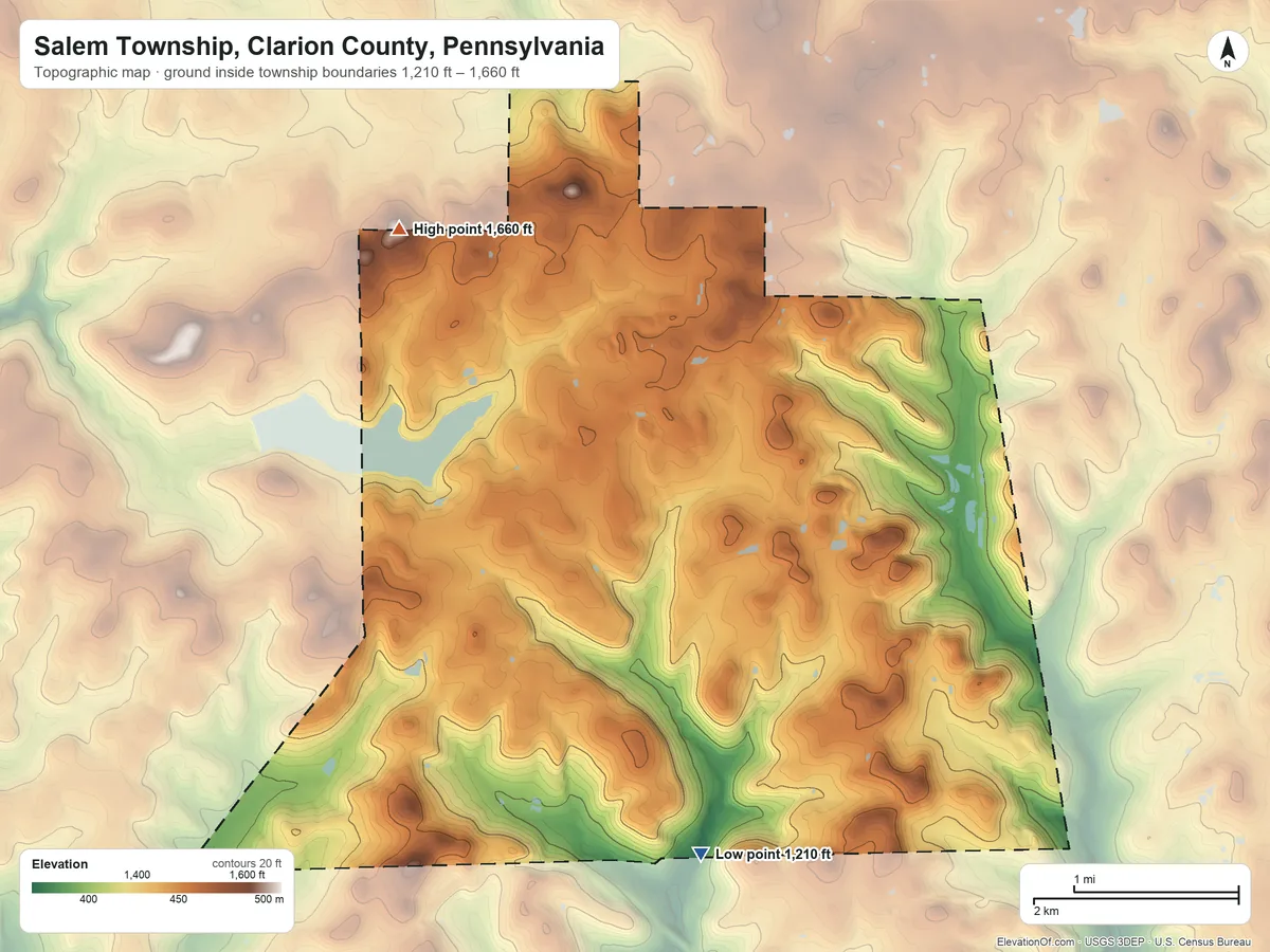 Topographic elevation map of Salem Township, Clarion County, Pennsylvania, shaded from 1,210 ft on the south side to 1,660 ft on the northwest side