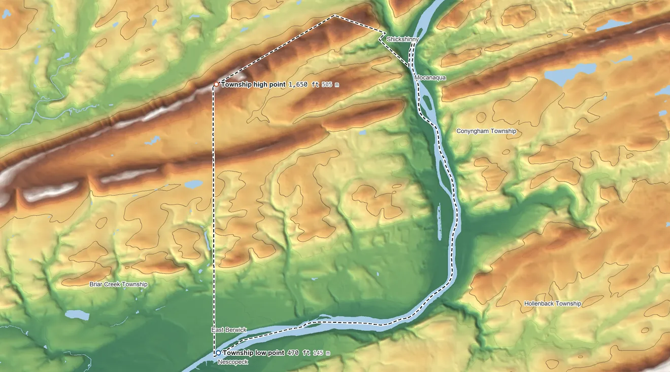 Topographic elevation map of Salem Township, Luzerne County, Pennsylvania, shaded from 470 ft on the southwest side to 1,650 ft on the north side