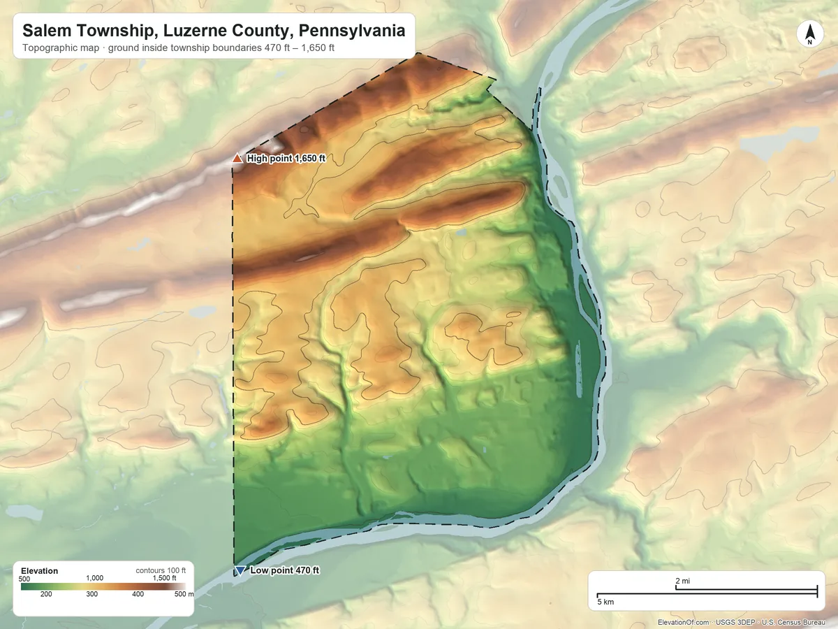 Topographic elevation map of Salem Township, Luzerne County, Pennsylvania, shaded from 470 ft on the southwest side to 1,650 ft on the north side