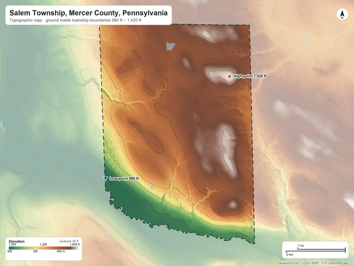 Topographic elevation map of Salem Township, Mercer County, Pennsylvania, shaded from 980 ft on the west side to 1,420 ft on the northeast side