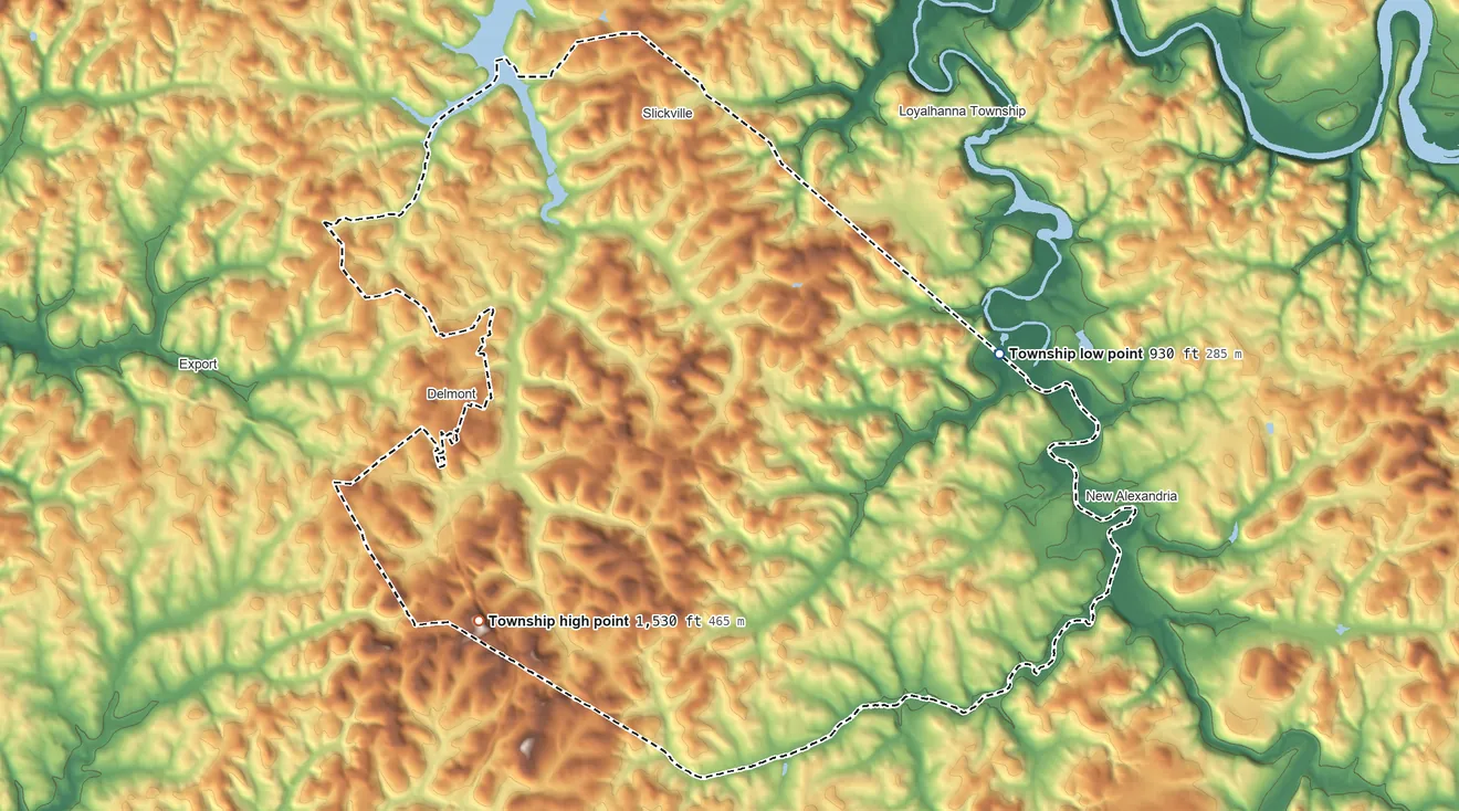Topographic elevation map of Salem Township, Pennsylvania, shaded from 930 ft on the east side to 1,530 ft on the southwest side