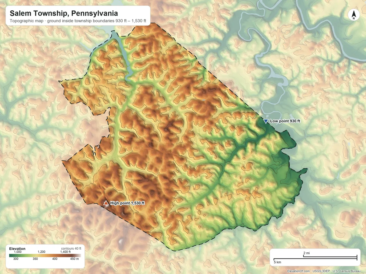 Topographic elevation map of Salem Township, Pennsylvania, shaded from 930 ft on the east side to 1,530 ft on the southwest side