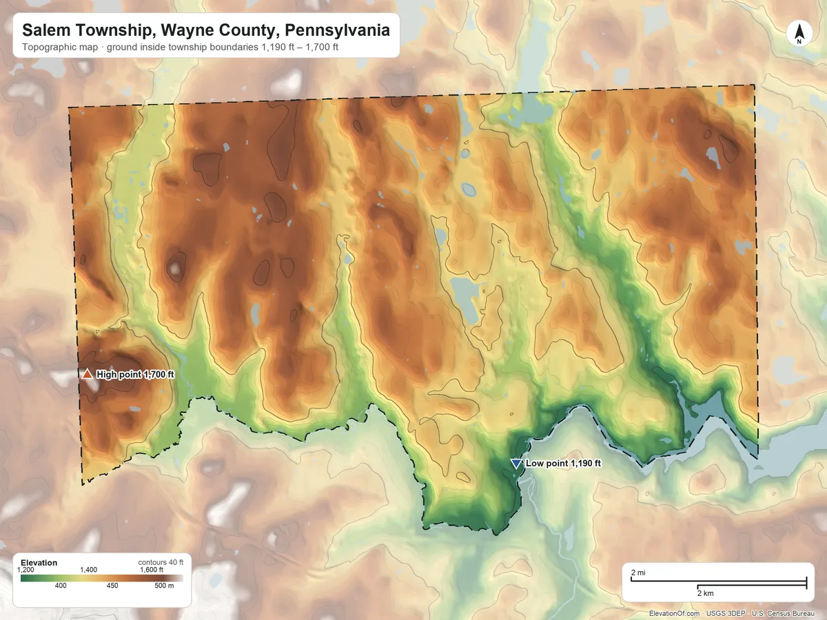 Topographic elevation map of Salem Township, Wayne County, Pennsylvania, shaded from 1,190 ft on the southeast side to 1,700 ft on the southwest side