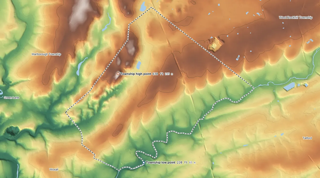Topographic elevation map of Salford Township, Pennsylvania, shaded from 220 ft on the south side to 630 ft on the northwest side