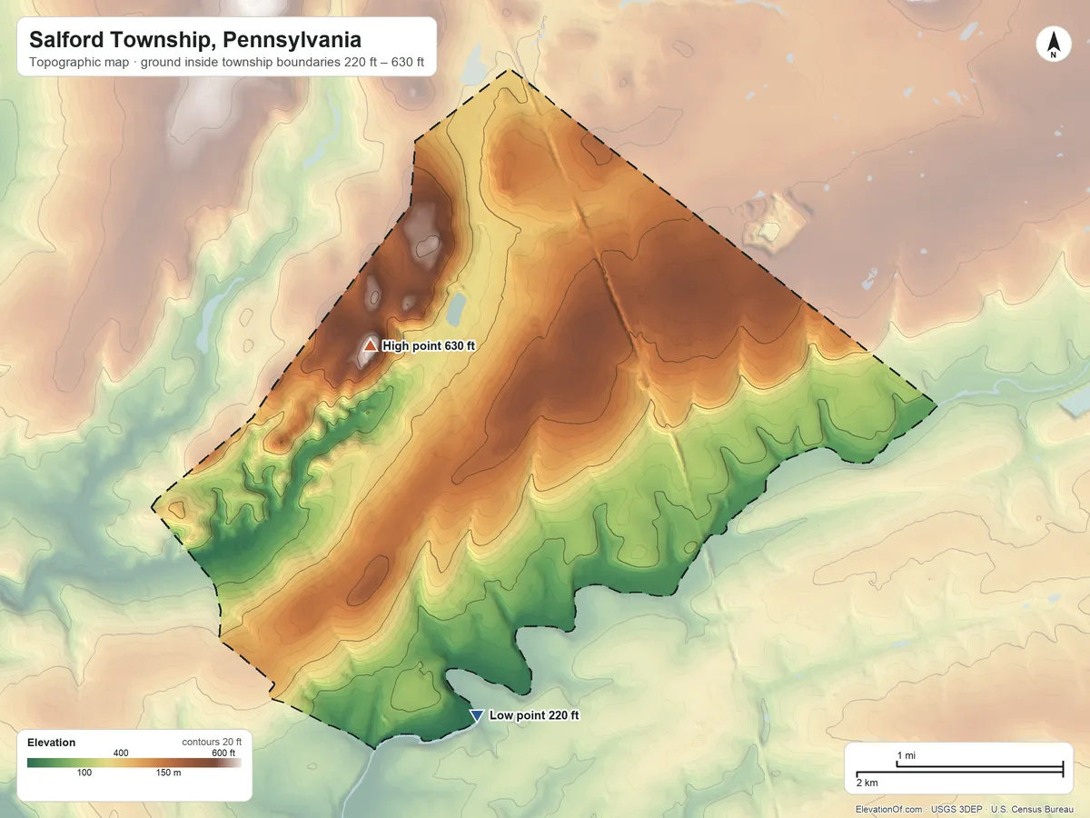 Topographic elevation map of Salford Township, Pennsylvania, shaded from 220 ft on the south side to 630 ft on the northwest side