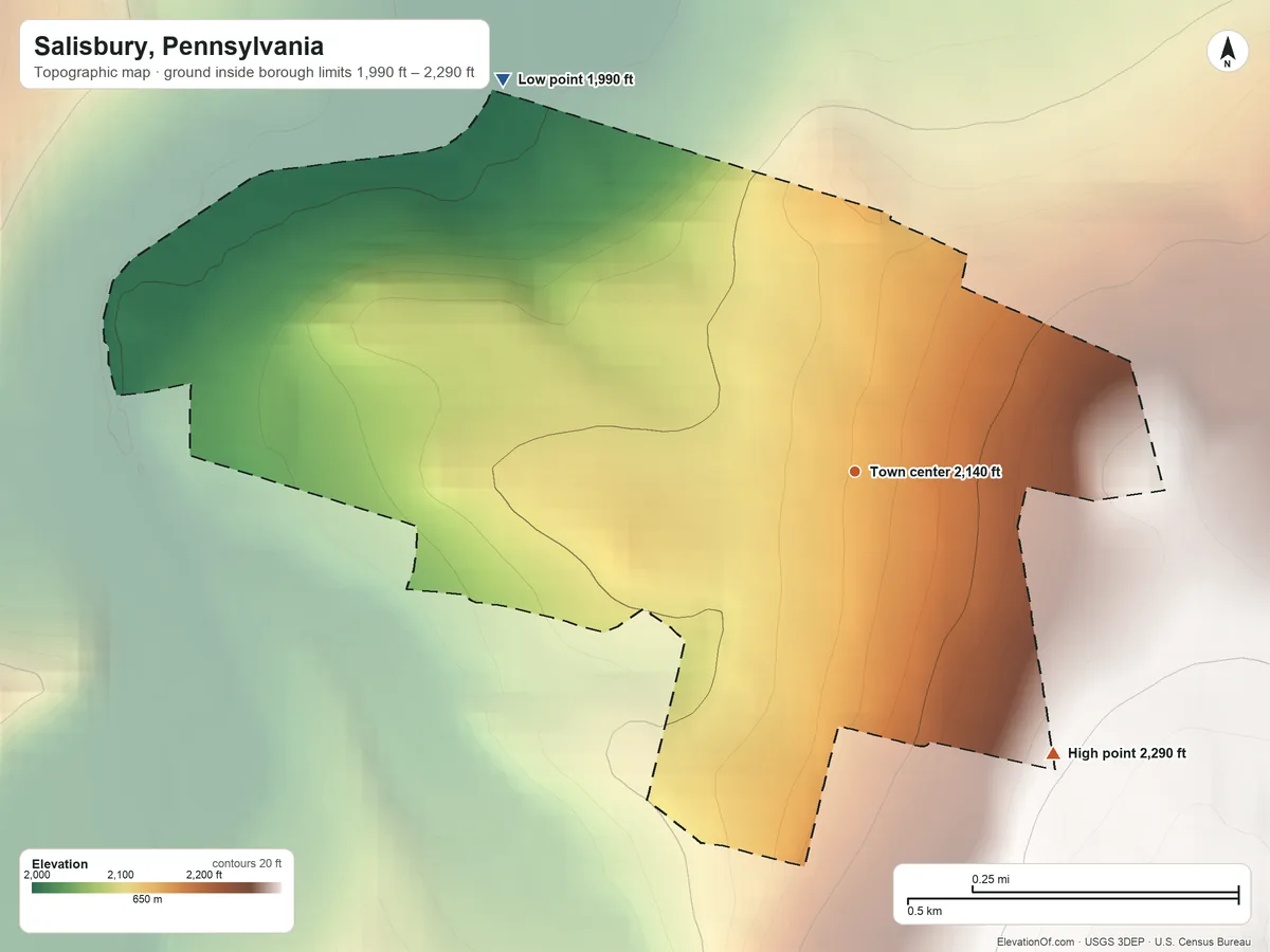 Topographic elevation map of Salisbury, Pennsylvania, shaded from 1,990 ft on the northwest side to 2,290 ft at the foot of the Negro Mountain