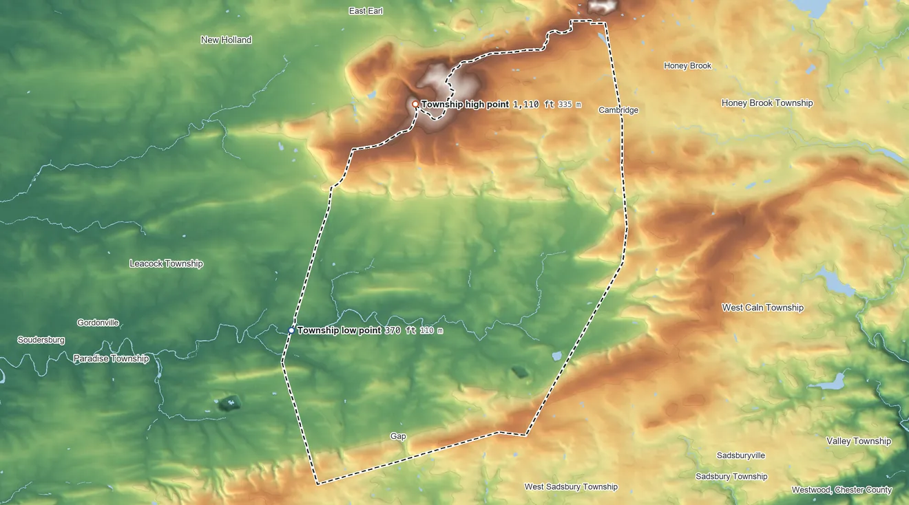 Topographic elevation map of Salisbury Township, Lancaster County, Pennsylvania, shaded from 370 ft on the west side to 1,110 ft on the north side
