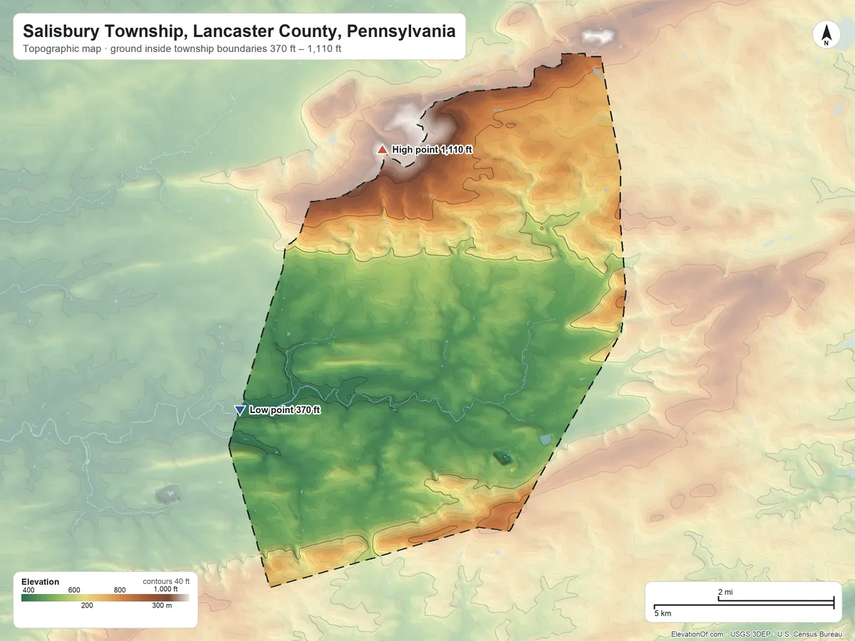Topographic elevation map of Salisbury Township, Lancaster County, Pennsylvania, shaded from 370 ft on the west side to 1,110 ft on the north side