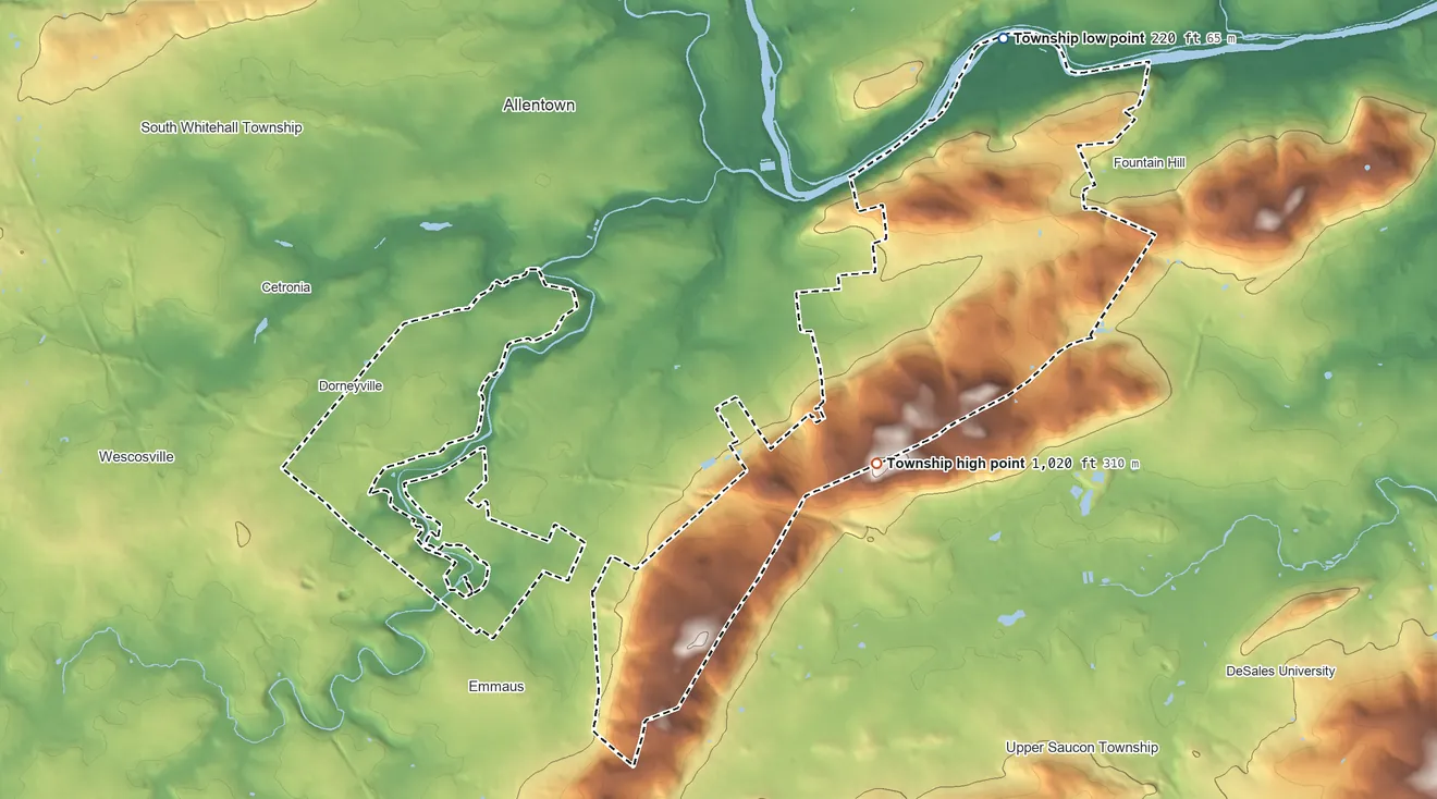 Topographic elevation map of Salisbury Township, Pennsylvania, shaded from 220 ft on the northeast side to 1,020 ft on the east side