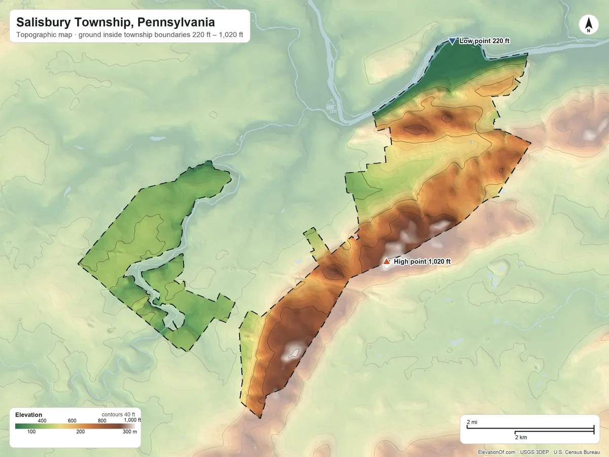 Topographic elevation map of Salisbury Township, Pennsylvania, shaded from 220 ft on the northeast side to 1,020 ft on the east side